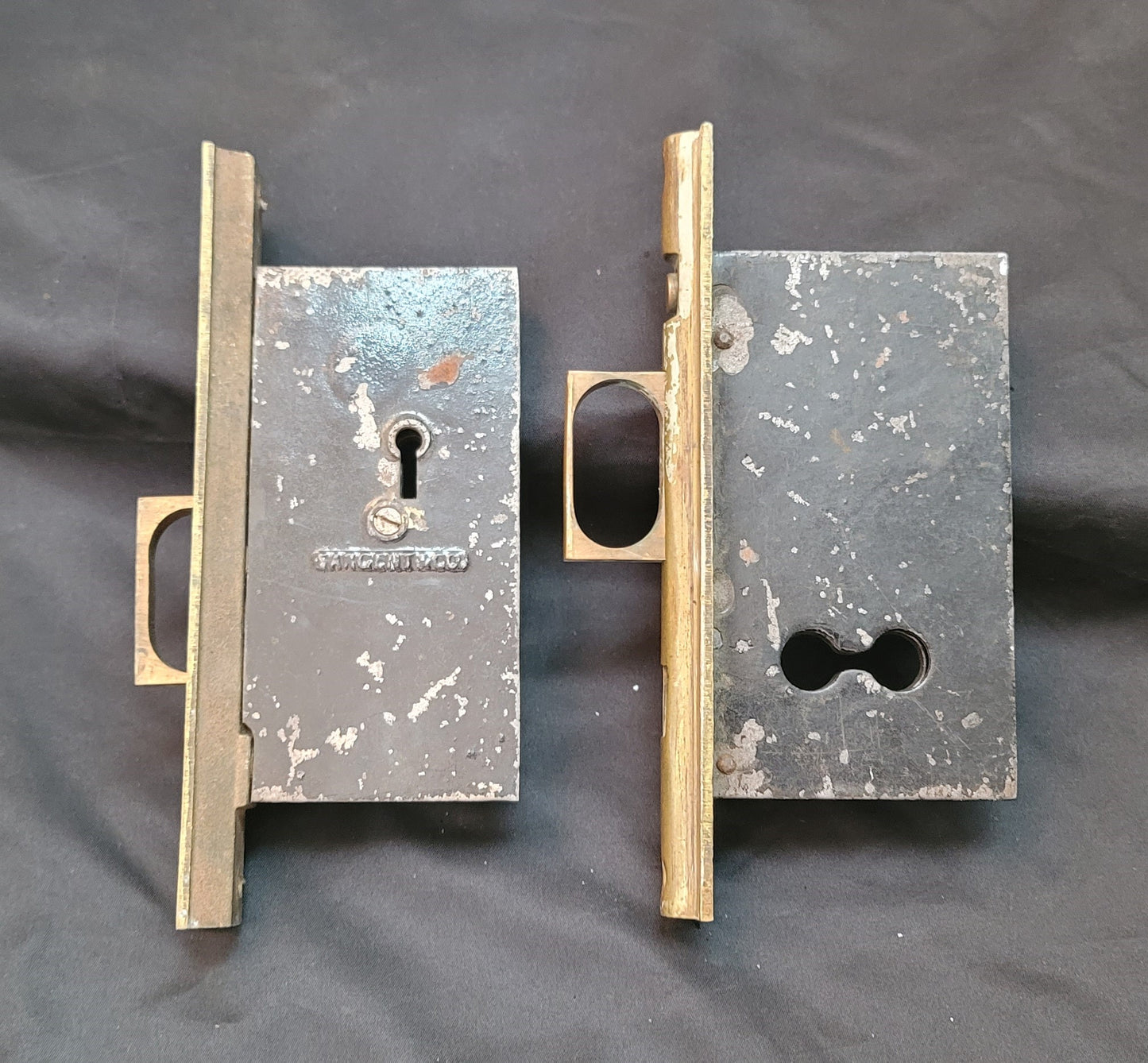 Vintage Brass & Iron Pocket Door Lock Set 7 1/2" x 5 1/4" x 3" GS00852