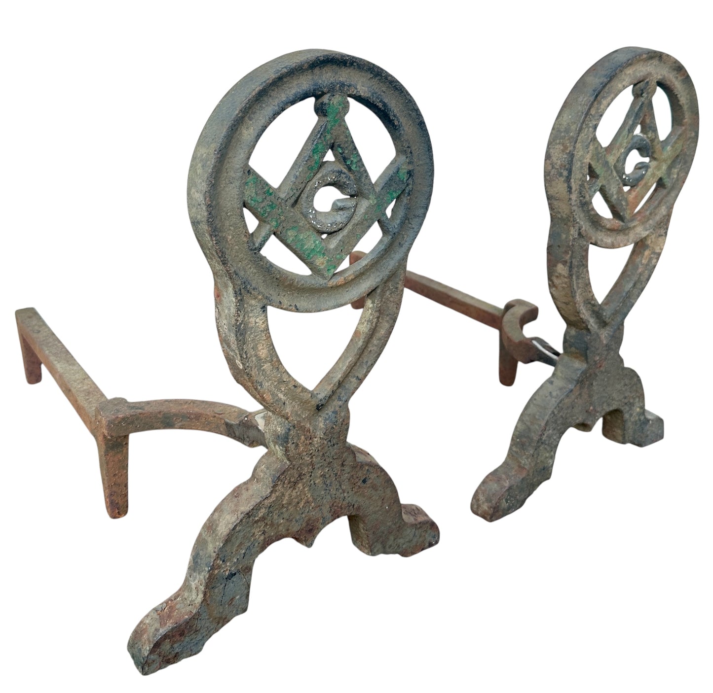 RARE Pair of Restored Masonic Cast Iron Andiron