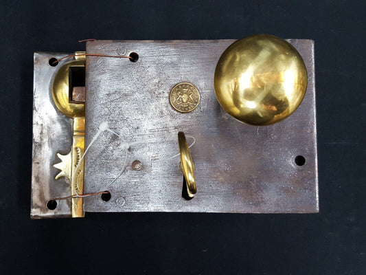 Early 1800s Authentic Cast Iron and Brass Metal Rim Carpenter Lock Set with Key