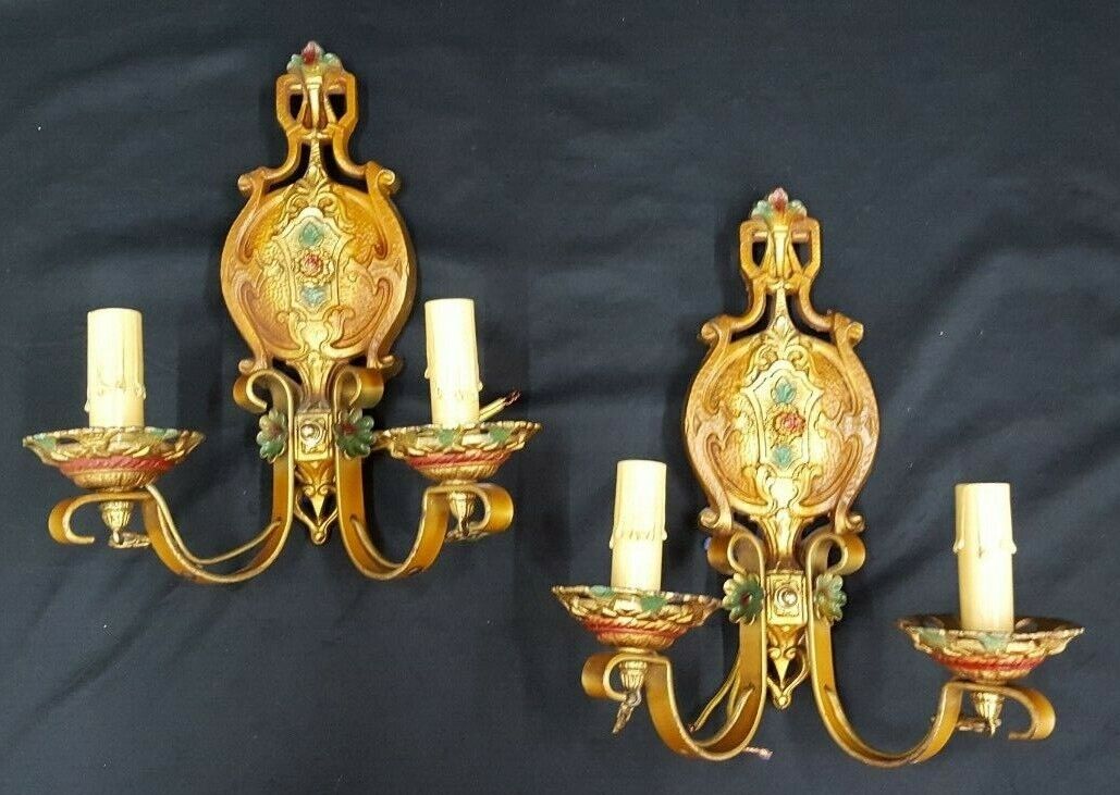 Pair of Ornate Multi Colored Art Deco Cast Iron & Wrought Iron Wall Sconces