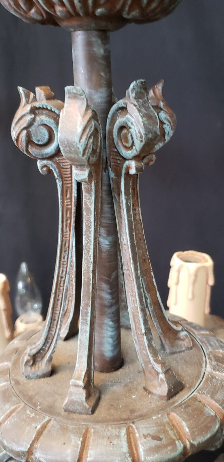 Ornate Gothic Cast Iron Two Tier 12 Light Chandelier & Matching Ceiling Cap