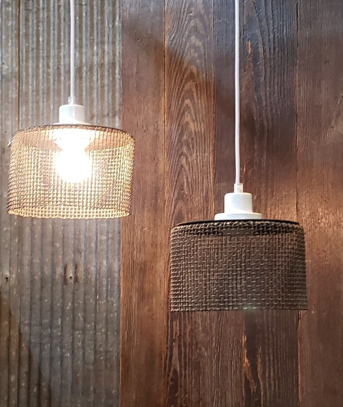 Repurposed Woven Steel Industrial Pendant Lights with Ceiling Caps