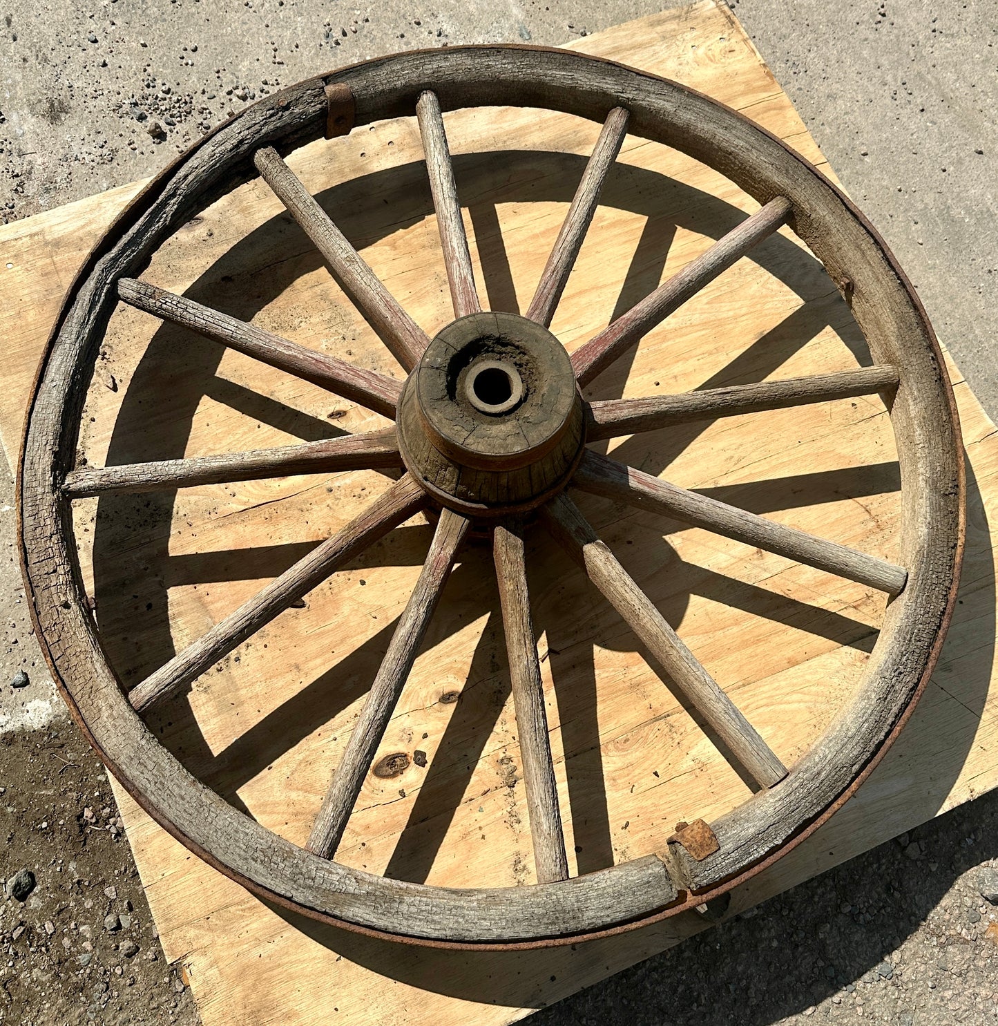 Antique Rustic Wooden Wagon Wheel w/ Forged Iron Rim GA20956
