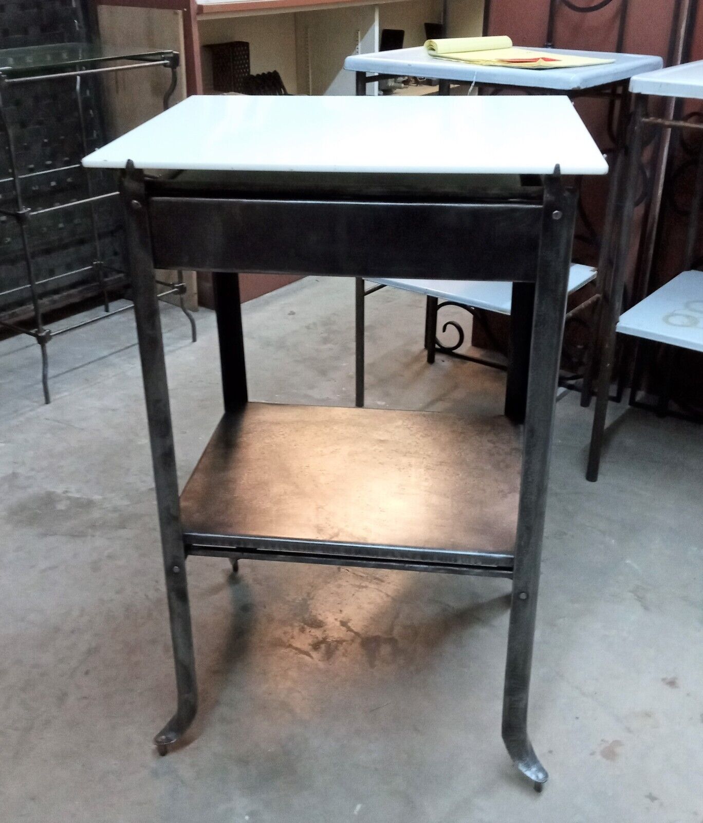 1920's Steel Medical Cabinet with White Vitrolite Glass Top on Wheels GA9361
