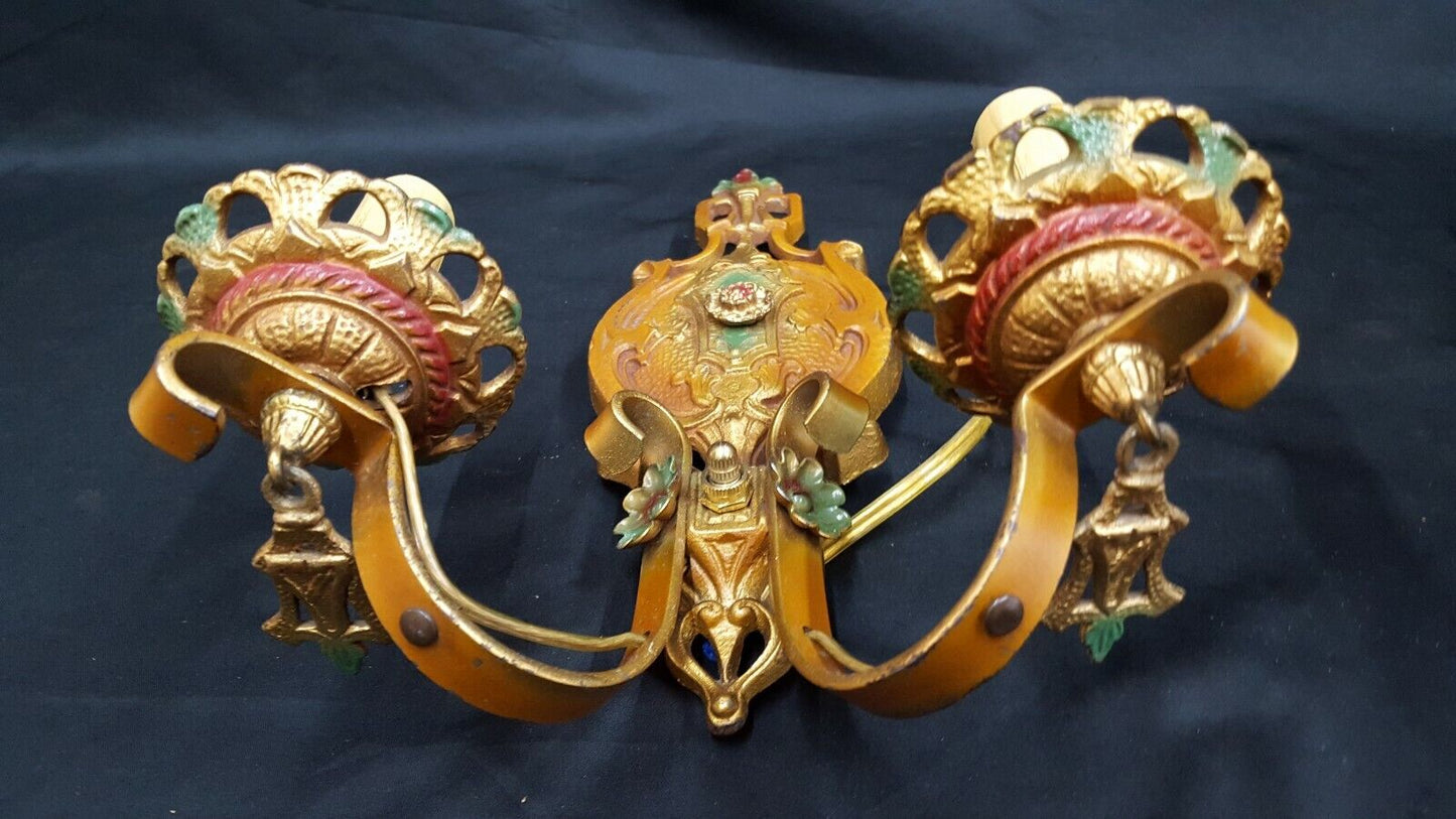 Pair of Ornate Multi Colored Art Deco Cast Iron & Wrought Iron Wall Sconces