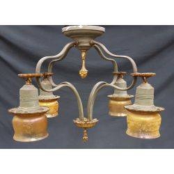 Rare 1920's Wrought Iron 4 Light With Amber Iridescent Shades Chandelier #GA69