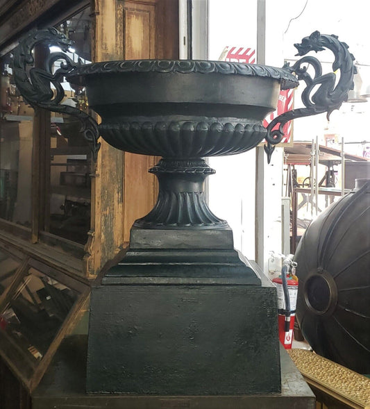 Large Black Cast Iron Double Griffin Urn on Pedestal with Square Bottom Base