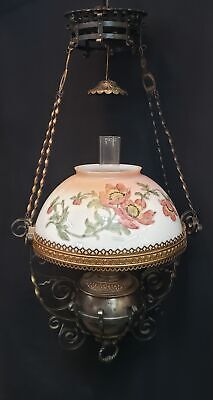 Antique Ornate Brass & Iron B & H Oil Lantern with Chain Yoke