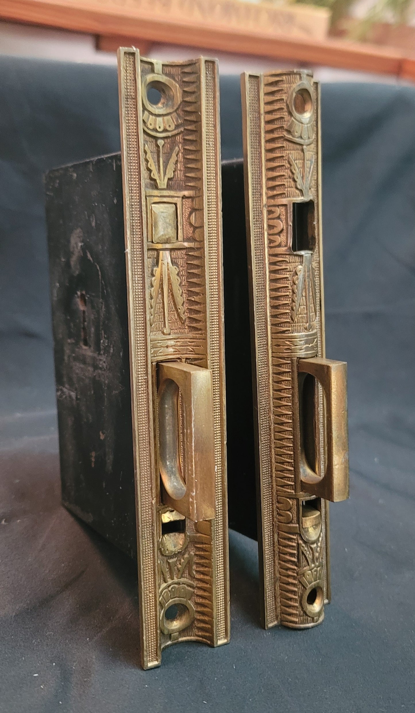 Restored Victorian Eastlake Pocket Door Lock Set 5 3/8" x 3 7/8" GS01046