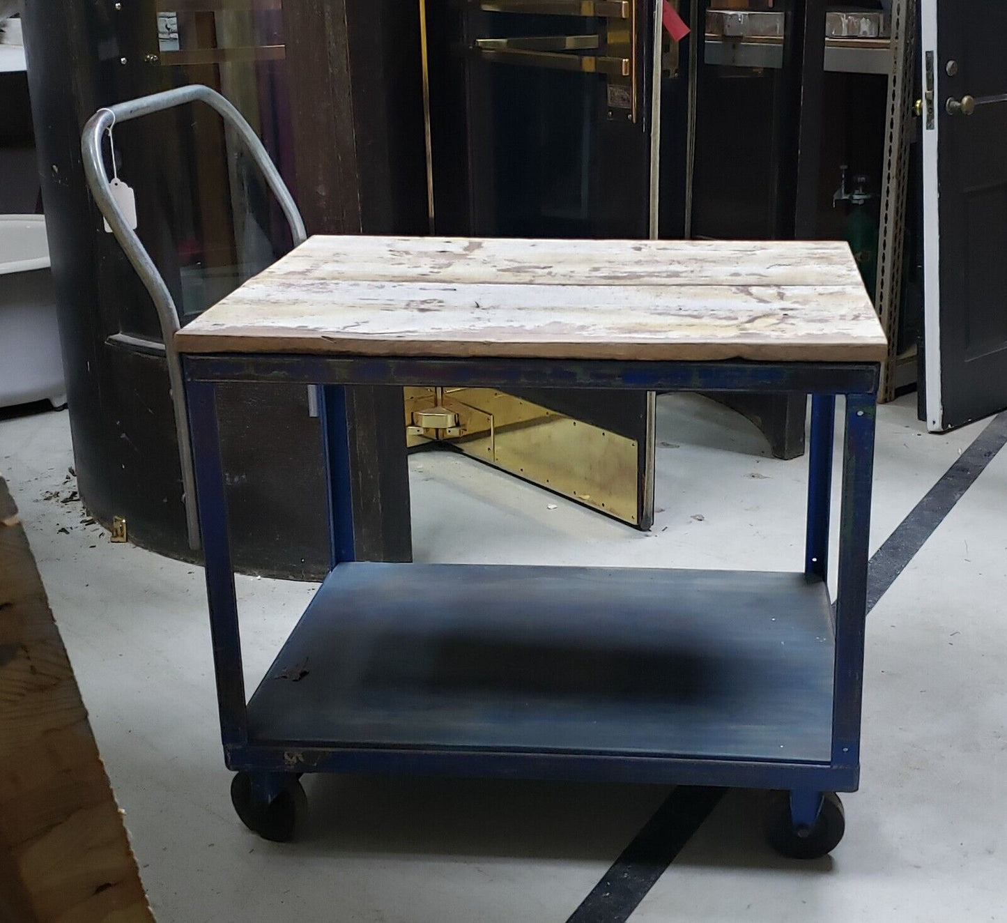 Reclaimed Two Level Steel Factory Cart with Barn Wood Top
