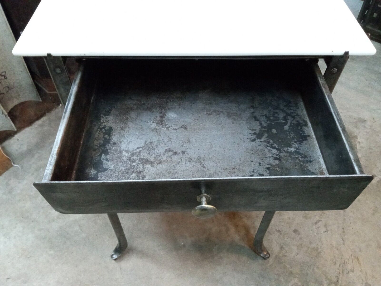 1920's Steel Medical Cabinet with White Vitrolite Glass Top on Wheels GA9361