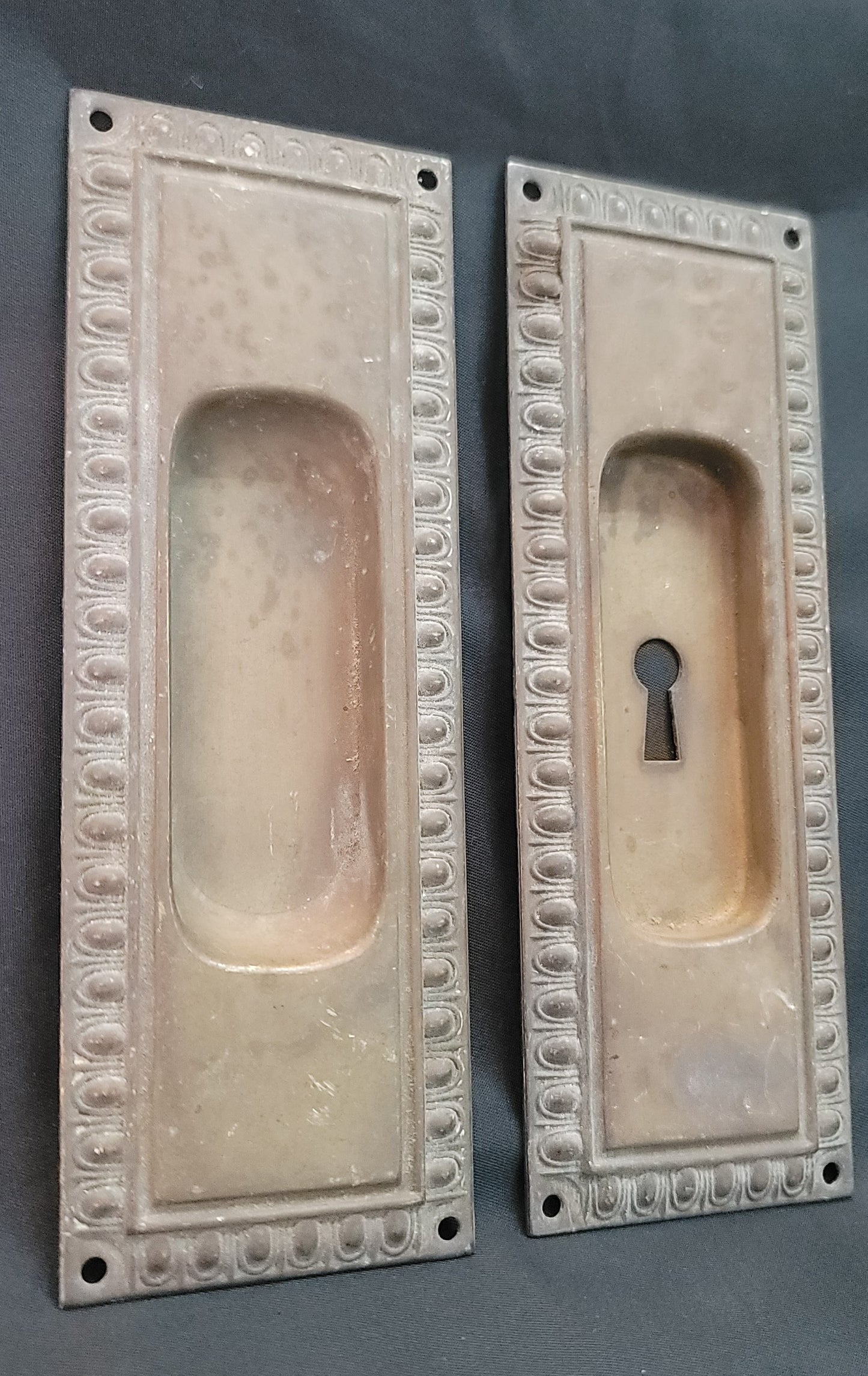 Pair of Brass Egg & Dart Pocket Door Escutcheon Plates 6 1/2" x 2 3/8" GS01048