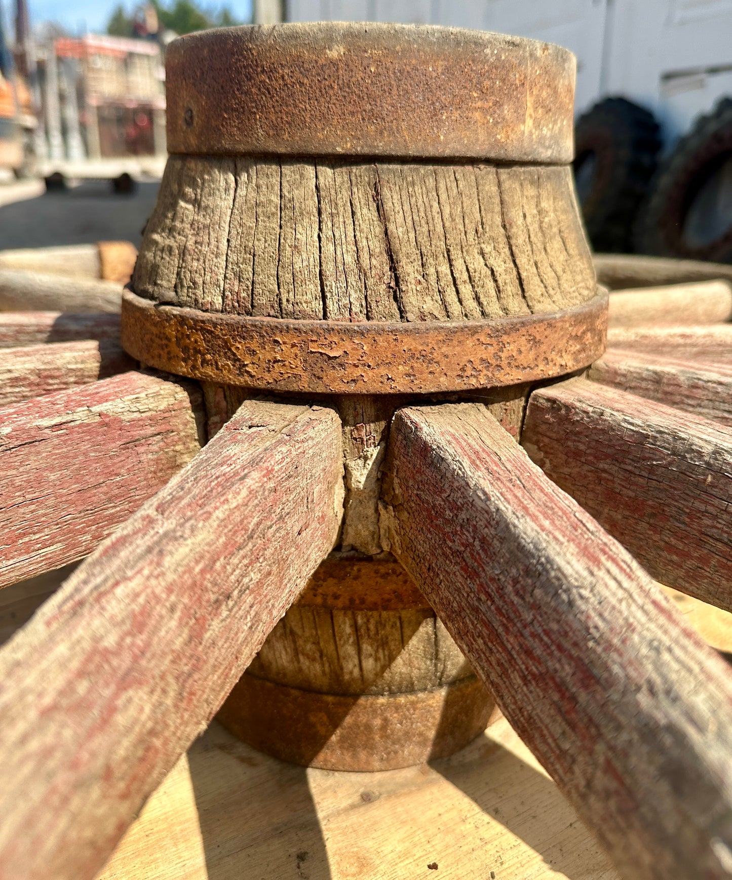 Antique Rustic Wooden Wagon Wheel w/ Forged Iron Rim GA20956