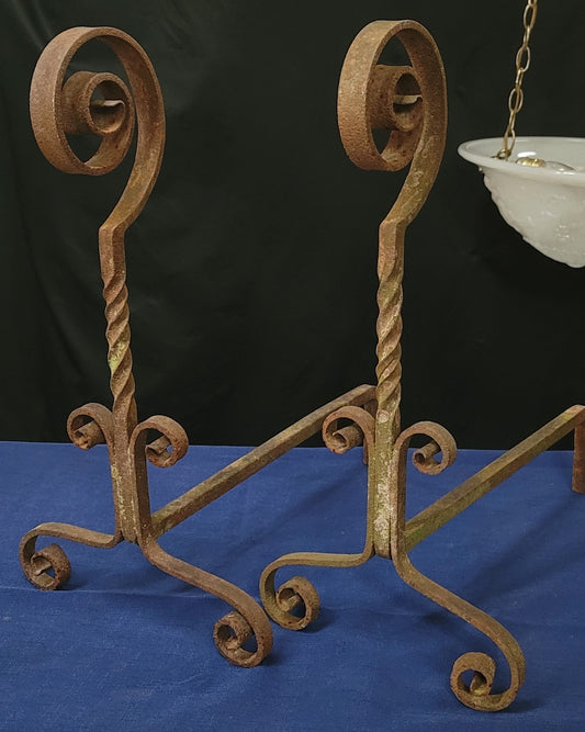 Vintage Pair of Art Deco Wrought Iron Andirons 20" T x 10" W GS00842