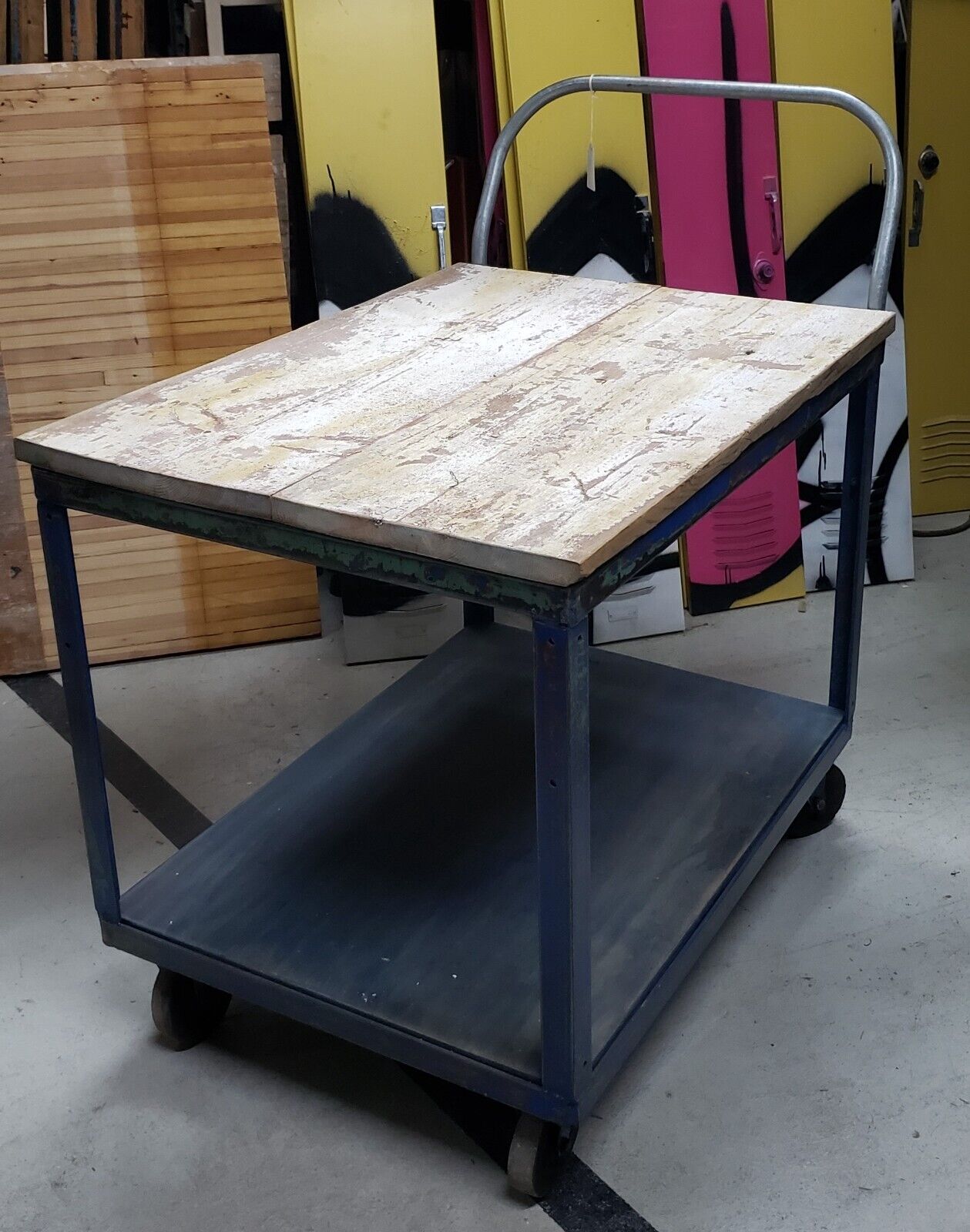 Reclaimed Two Level Steel Factory Cart with Barn Wood Top