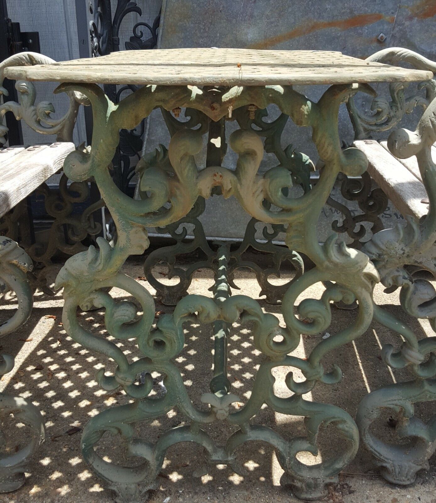 1800's Ornate Victorian Cast Iron Exterior Table with Benches