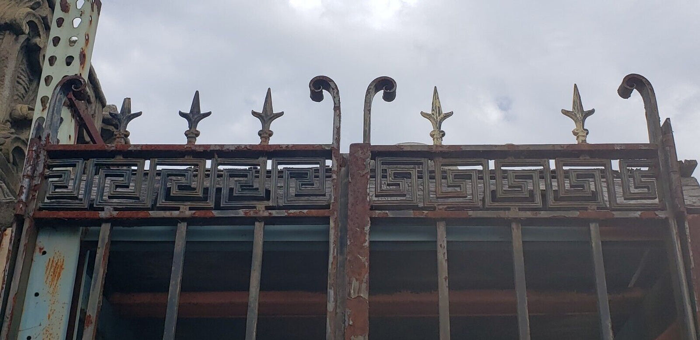Pair of Tall Wrought Iron Gates with Center Torch Finials & Greek Key Top GA9501