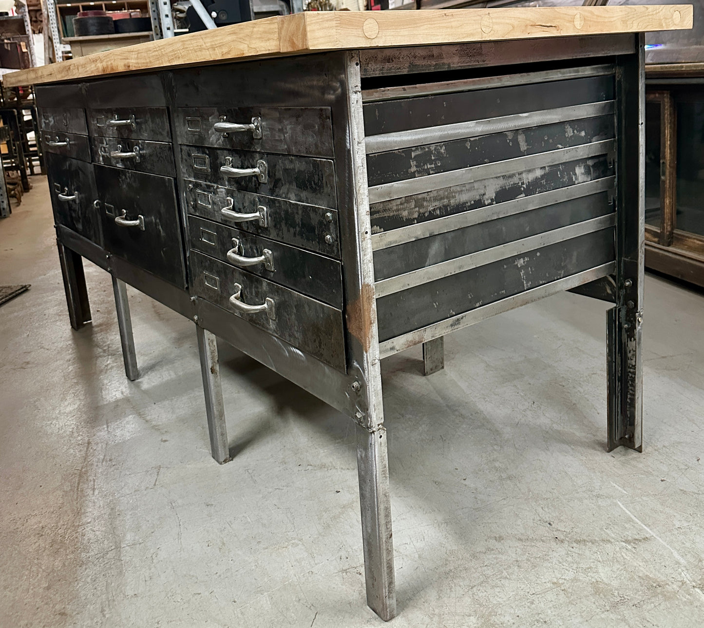 Industrial Salvaged Butcher Block & Steel Work Table GA20813