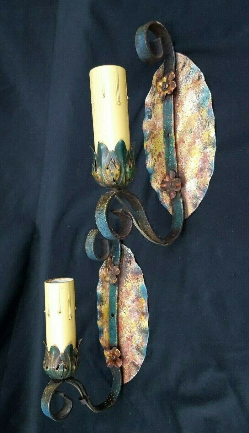 Pair of Architectural Salvage Art Deco Wrought Iron Multicolored Wall Sconces