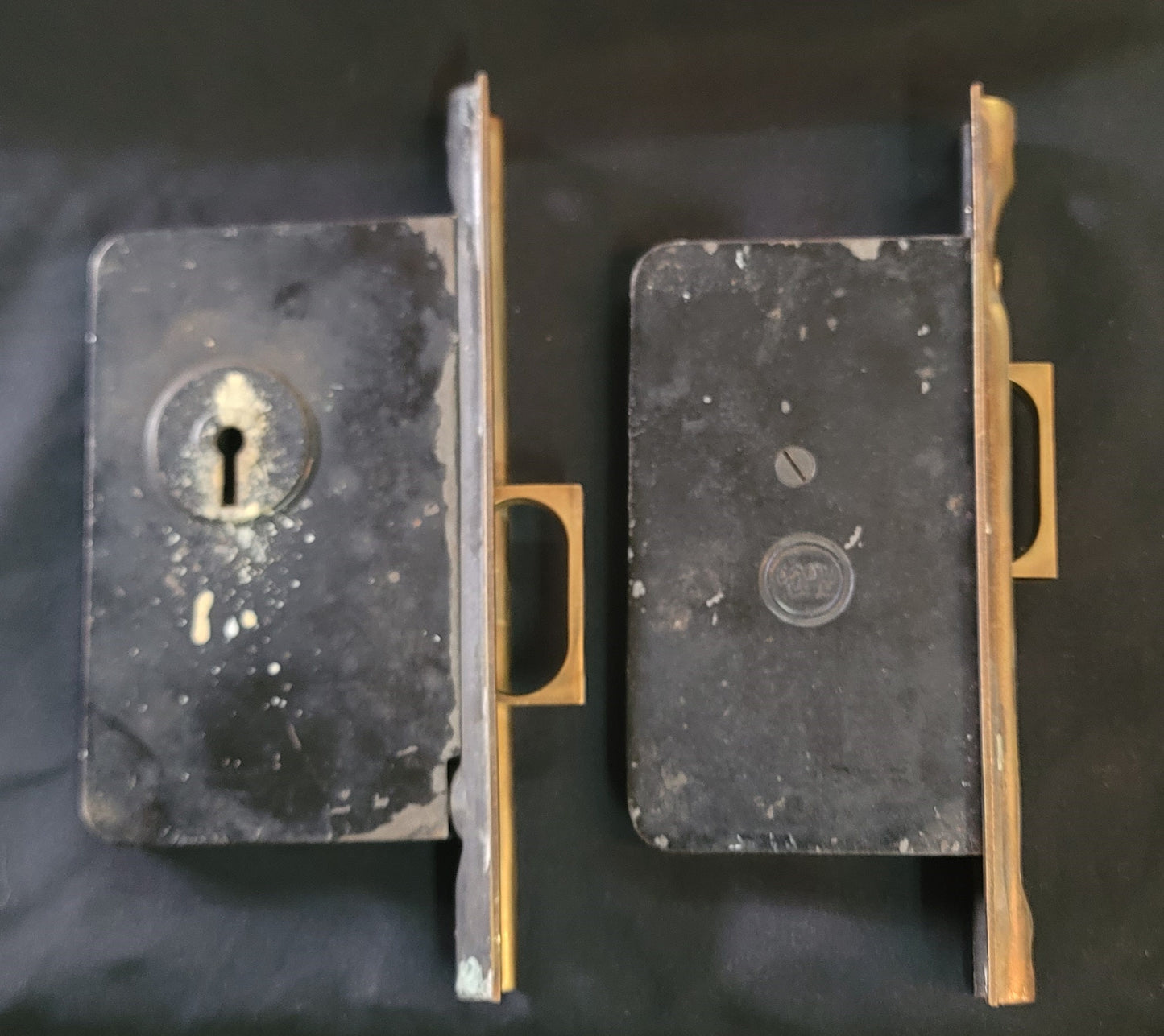 Vintage Brass Pocket Door Lock Set FP 7 3/4" x 5 5/16" x 3 1/2" GS01039