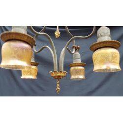 Rare 1920's Wrought Iron 4 Light With Amber Iridescent Shades Chandelier #GA69