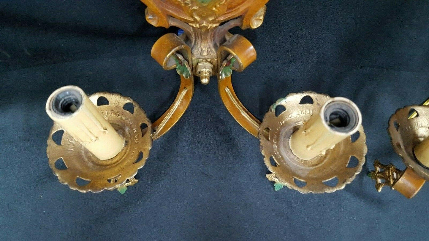 Pair of Ornate Multi Colored Art Deco Cast Iron & Wrought Iron Wall Sconces