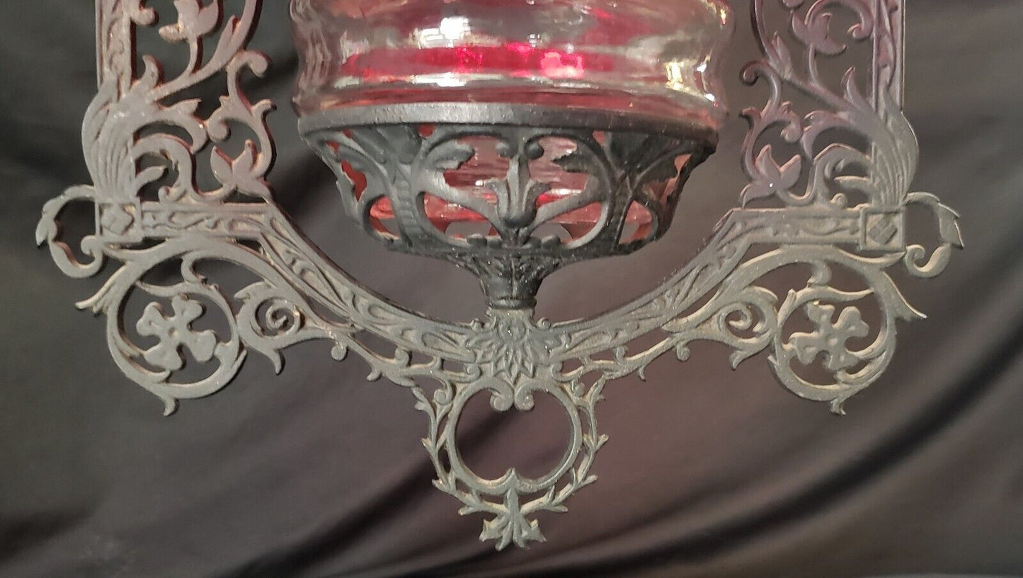 Victorian Hanging Oil Lamp with Cranberry Shade & Cast Iron Frame GS00178