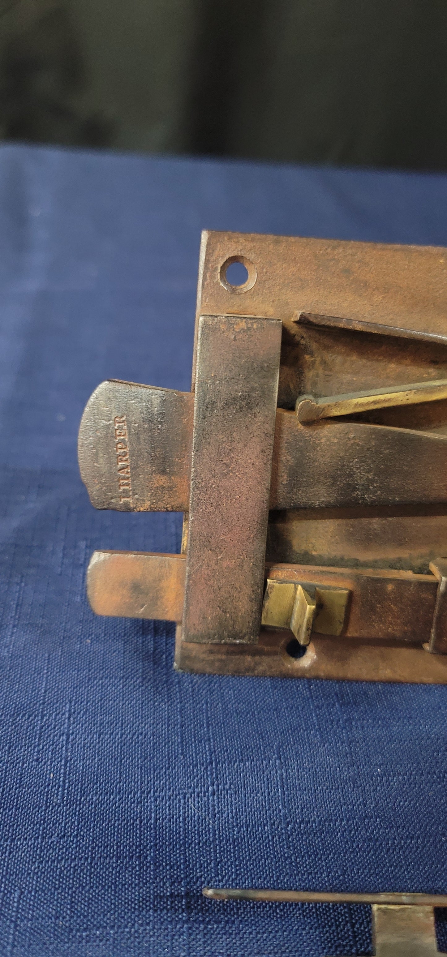 Vintage Harper Iron & Brass Lever Rim Lock & Knobs 4" x 3 3/4" GS00743