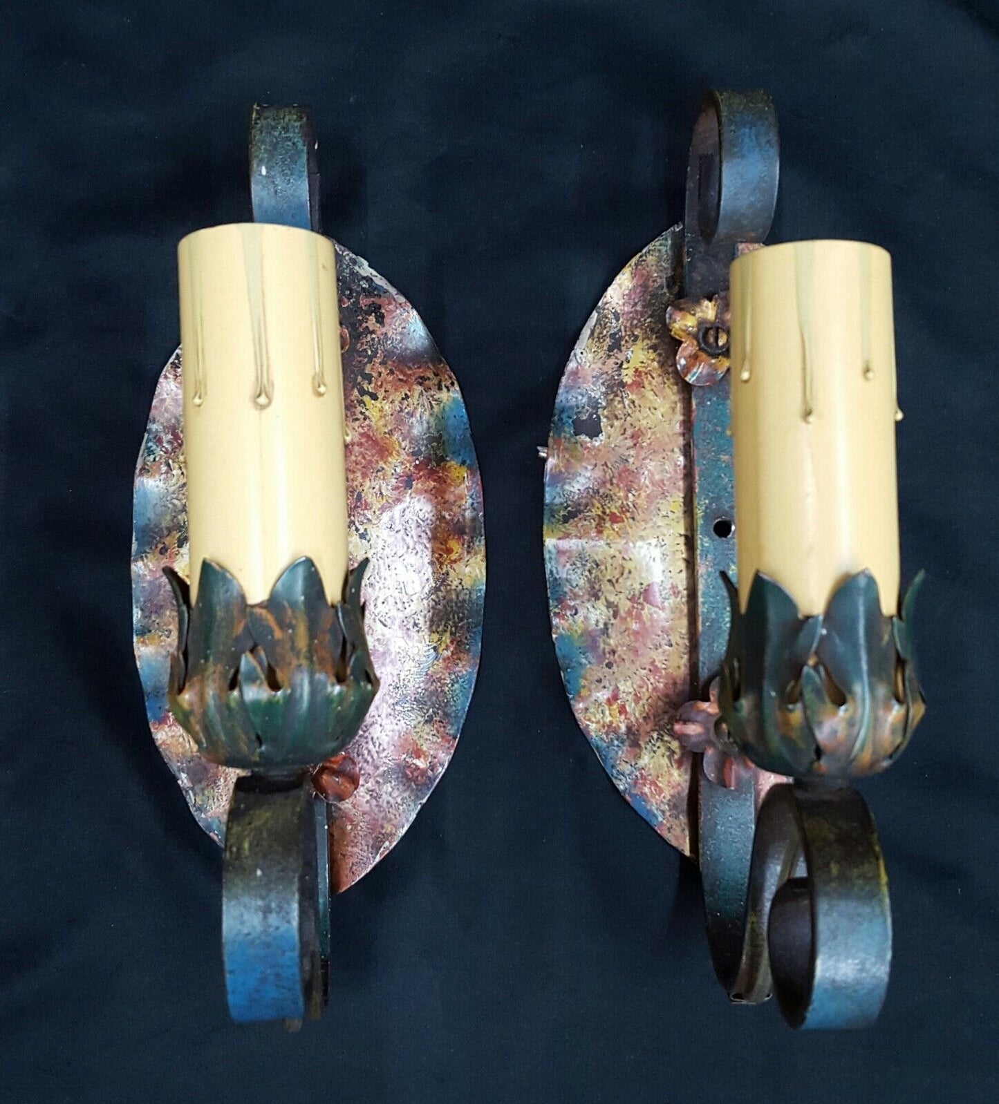 Pair of Architectural Salvage Art Deco Wrought Iron Multicolored Wall Sconces