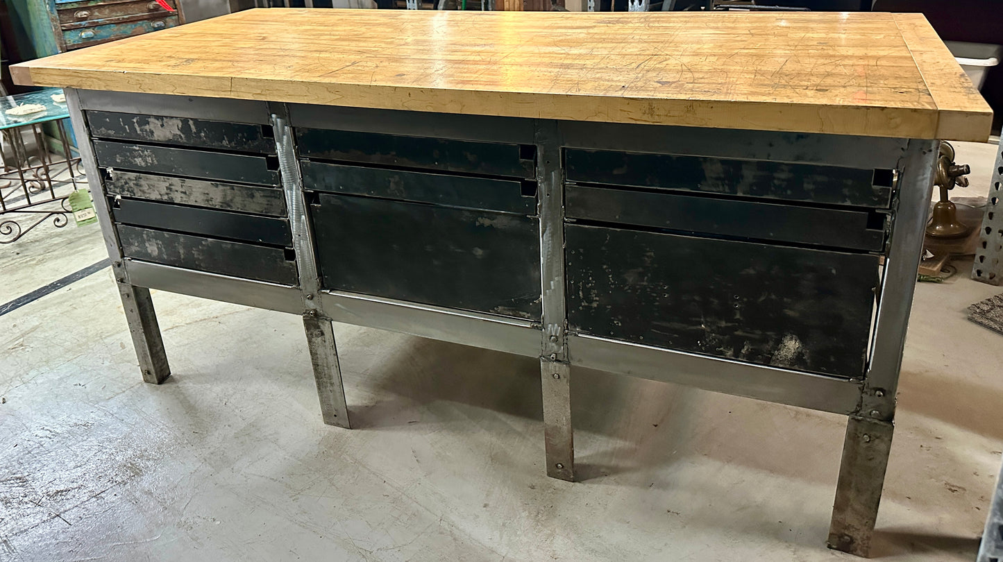 Industrial Salvaged Butcher Block & Steel Work Table GA20813