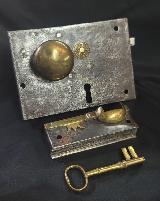 Restored Carpenter #60 Rim Lock Set w/ Keeper & Key 6" x 4 1/4" GS00987