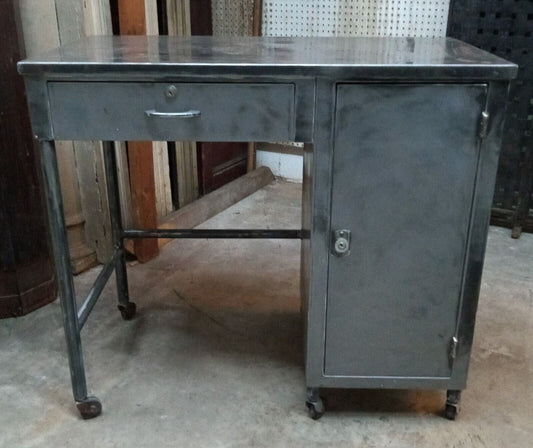 1800's Steel Medical Desk with Top Draw &n Side Tray Shelves on Wheels GA9360