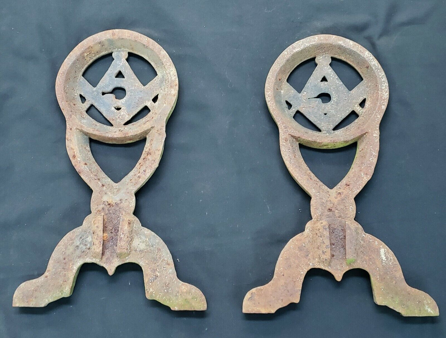 Pair of Masonic Freemasonry Cast Iron Andirons