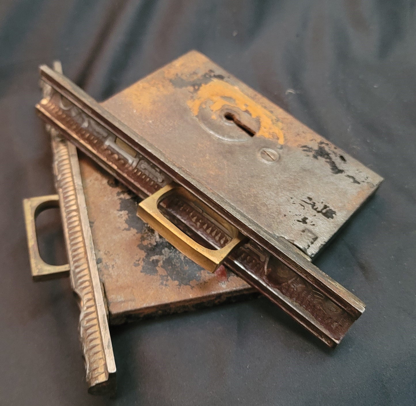 Restored Victorian Eastlake Pocket Door Lock Set 5" x 3 9/16" GS01044