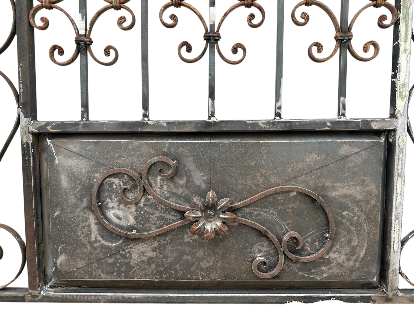 7.5 Ft Tall Custom Built Arched Top Steel Gate w/ Antique Cast Iron GA20600