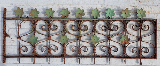 1800's Wrought Iron Window Grate with Green Flowers 43" Long x 16" Tall GA9777