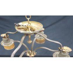 Rare 1920's Wrought Iron 4 Light With Amber Iridescent Shades Chandelier #GA69