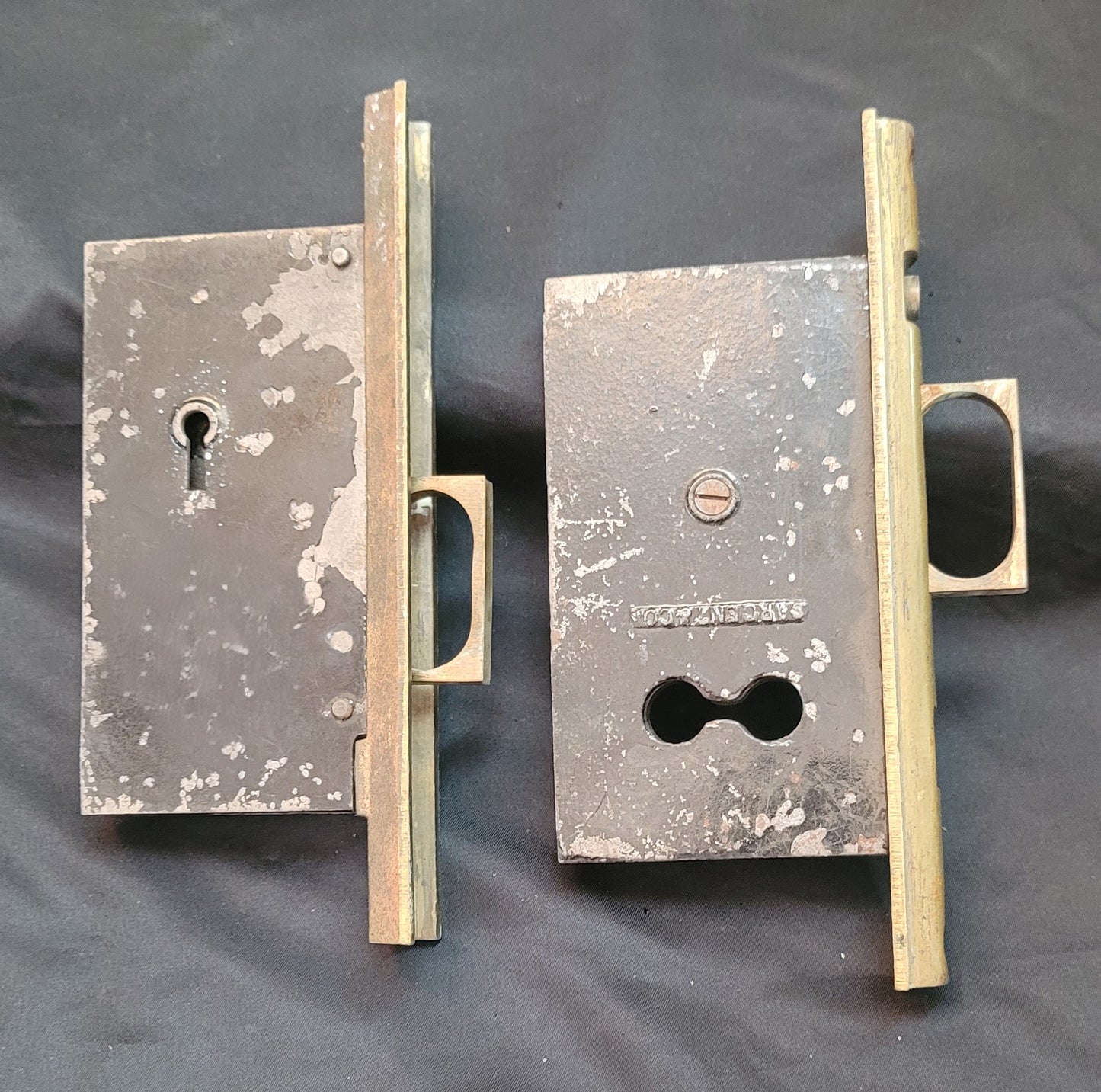 Vintage Brass & Iron Pocket Door Lock Set 7 1/2" x 5 1/4" x 3" GS00852