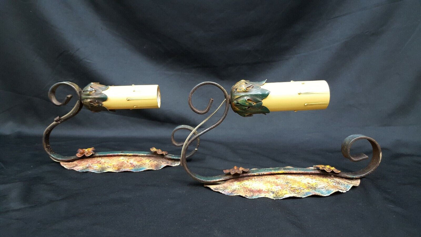 Pair of Architectural Salvage Art Deco Wrought Iron Multicolored Wall Sconces