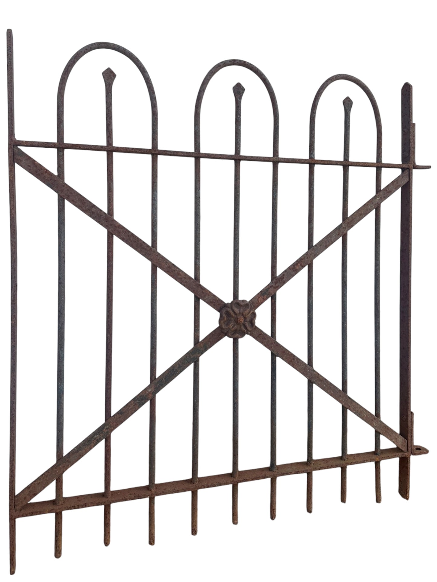 Antique Wrought Iron Hairpin Gate w/ Floral Medallion - 35" W x 39" T - GA20981