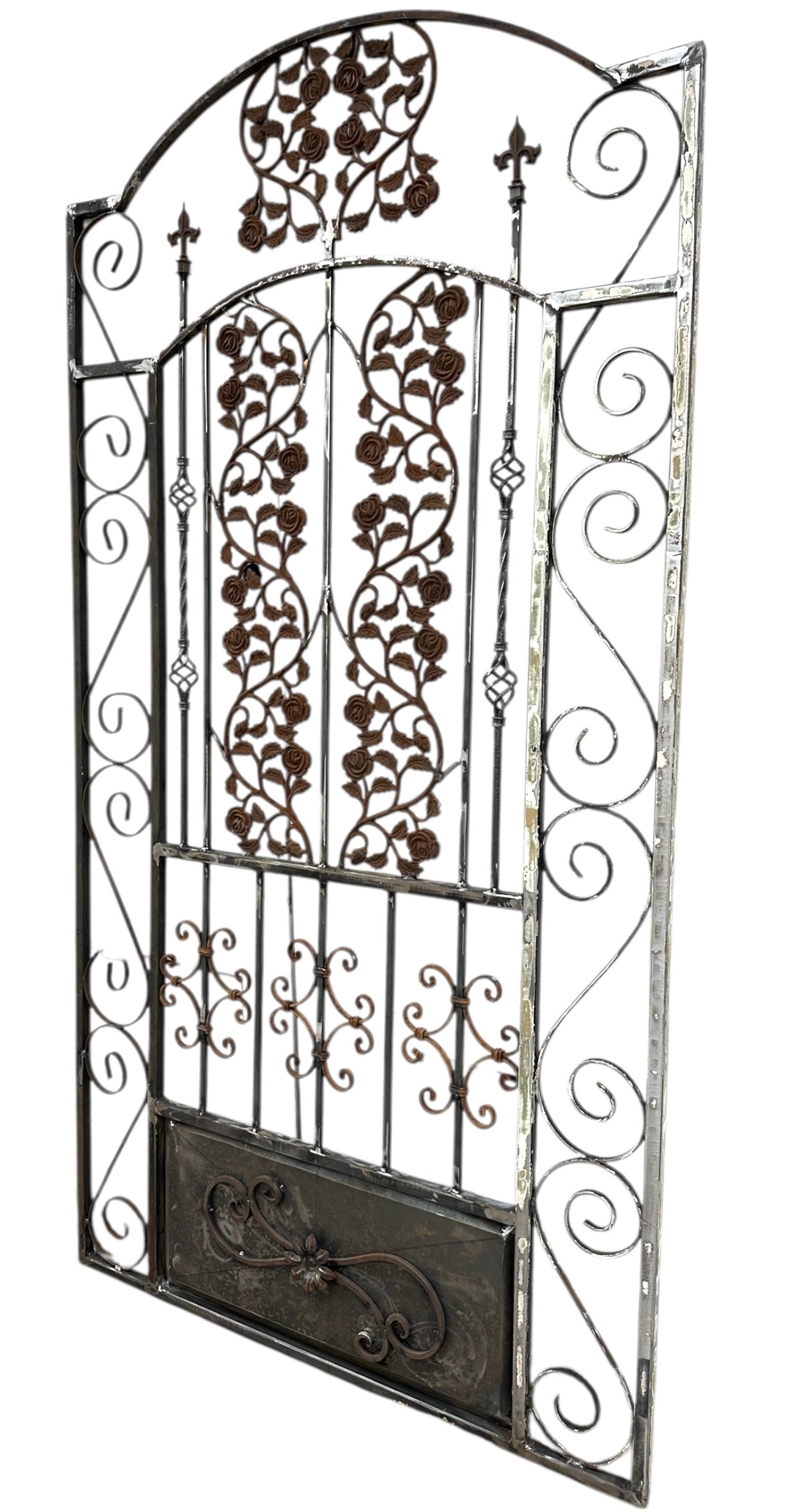 7.5 Ft Tall Custom Built Arched Top Steel Gate w/ Antique Cast Iron GA20600